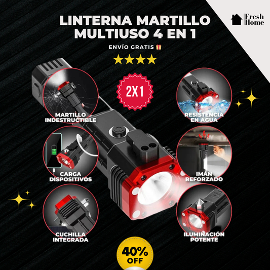 Linterna Martillo Multiuso 4 en 1 - Recargable y de Emergencia (2X1)