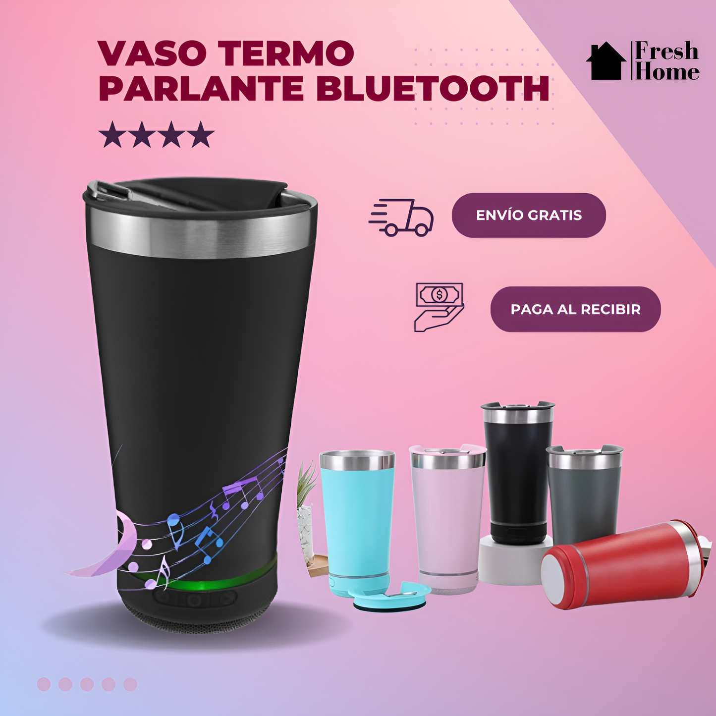 CupSmart - VASO TERMO PARLANTE BLUETOOTH 3 EN 1